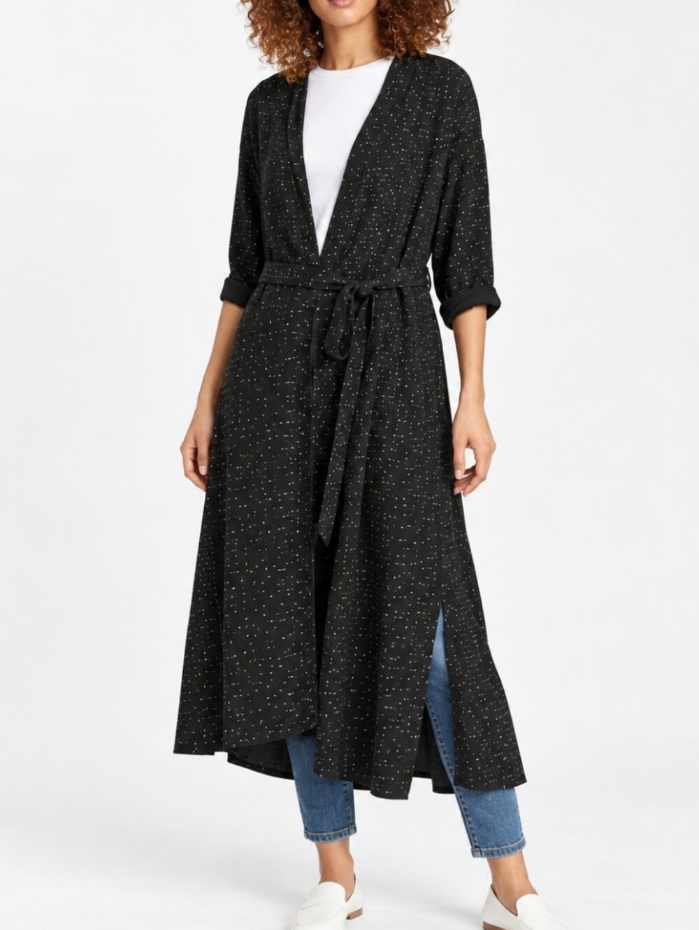 Eileen Fisher Medium Open Front Lined Morse Code Print Duster Kimono Jacket Tie